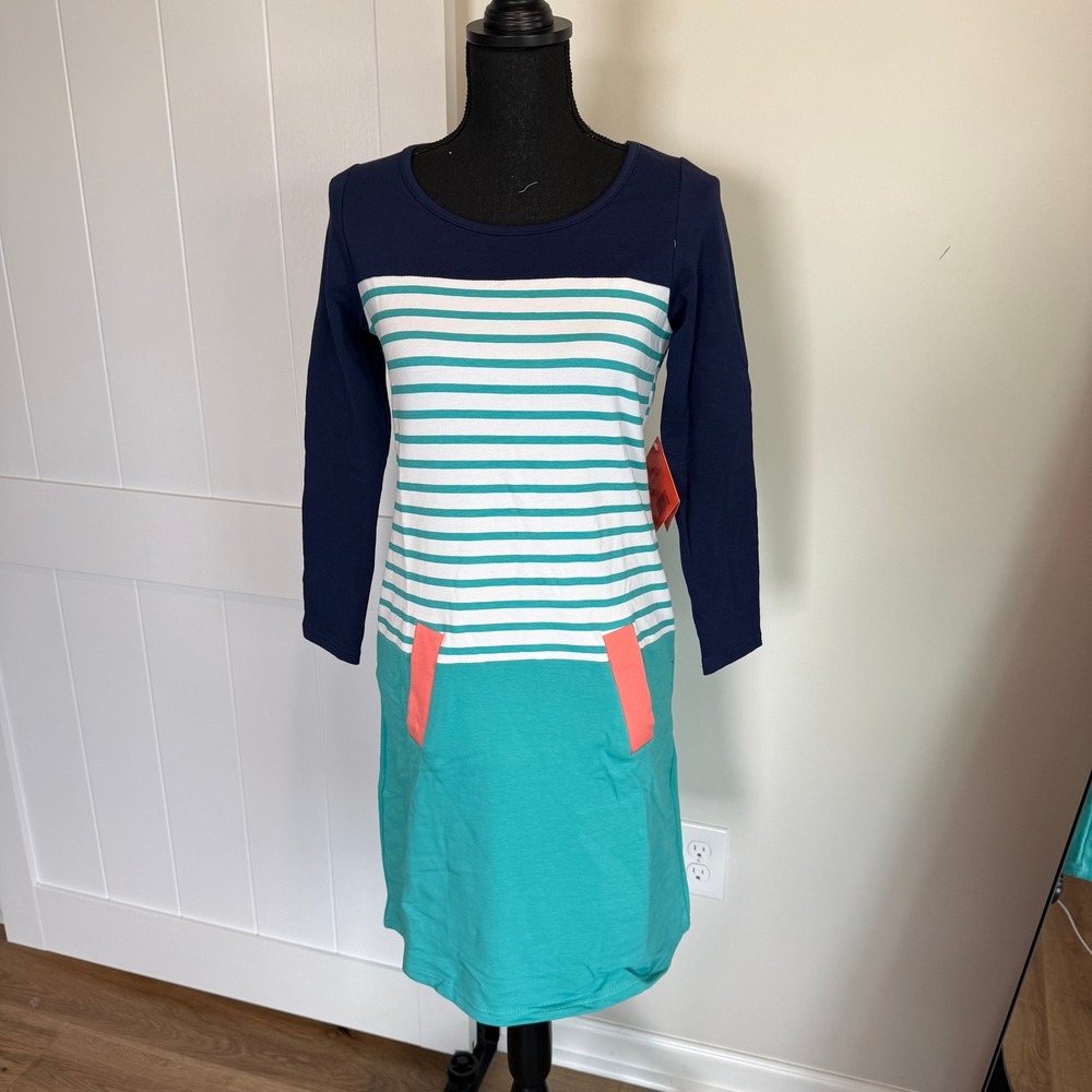 NWT Tracy Negoshian Bella Dress Turquoise Stripe Navy Long Sleeve XS TN676-Bella